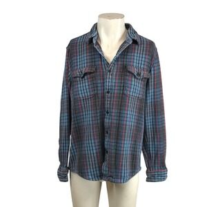 Outerknown Blanket Shirt Men Large Blue Grey Orange Plaid Organic Cotton Flannel
